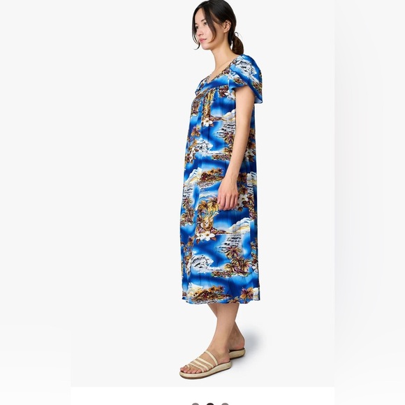 Hilo Hattie Blue Hawaii 3X Made in USA Tulip Sleeve Tropical Muu Muu Dress Beach - Picture 6 of 11